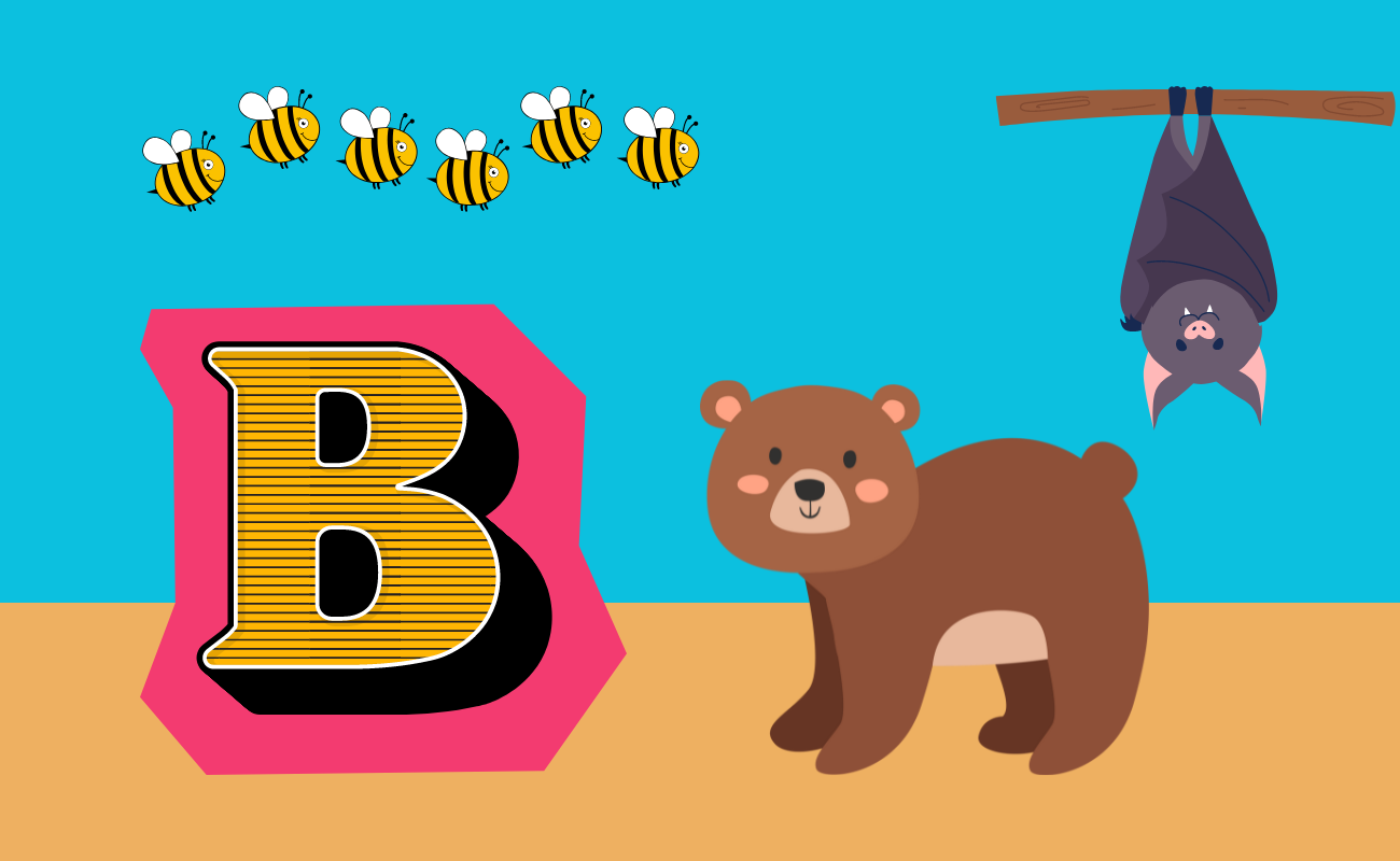 A graphic with the letter 'B' and bees, a bat, and a bear