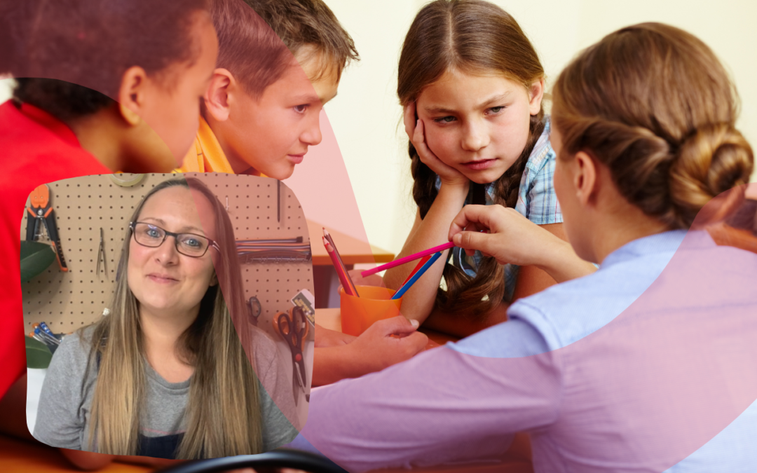 A graphic showing a photograph of a group of children with an adult. There is also an overlay photograph of Rebecca.