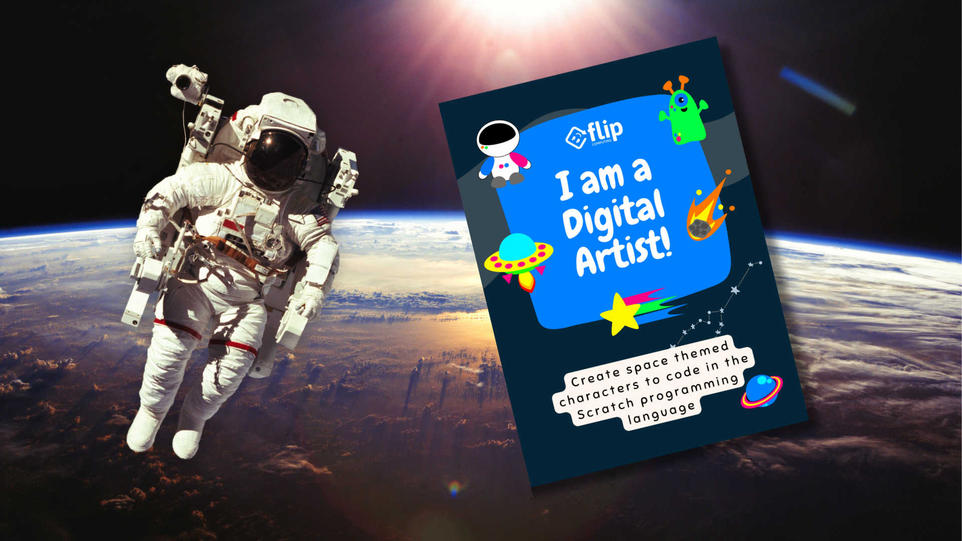 A copy of the book 'I am a digital artist - space characters' is floating around in space next to an astronaut.