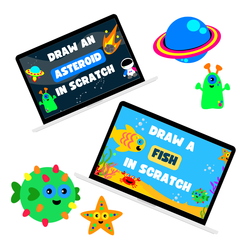 A graphic showing two laptops with our Digital Artist projects shown on the screens. There are also characters from the projects hovering on the graphic. 