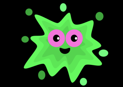 A graphic of a green cartoon slime on a black background. The slime has pink eyes and a smiling mouth.
