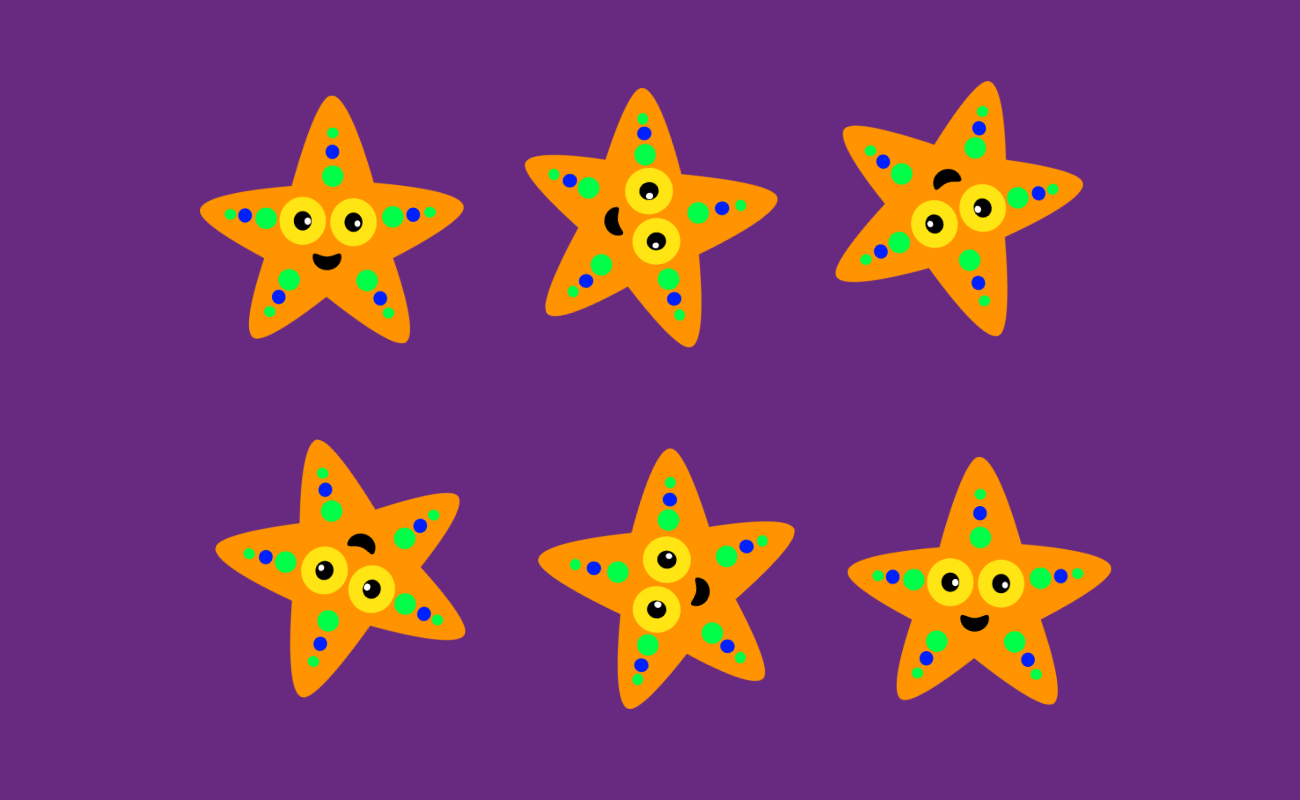 A graphic showing 6 copies of a cartoon starfish. Each starfish is at a different rotation angle.