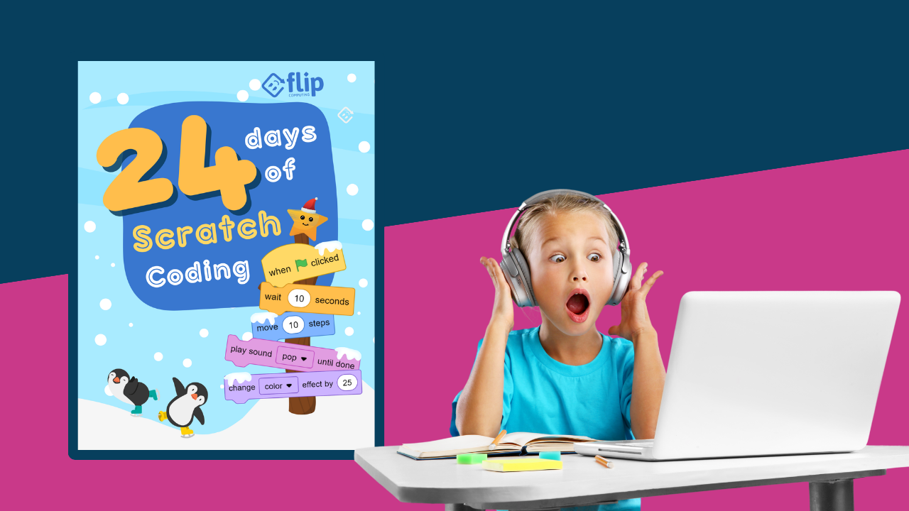 The 24 Days of Scratch Coding Book next to a young girl who looks very excited to be using her new book.