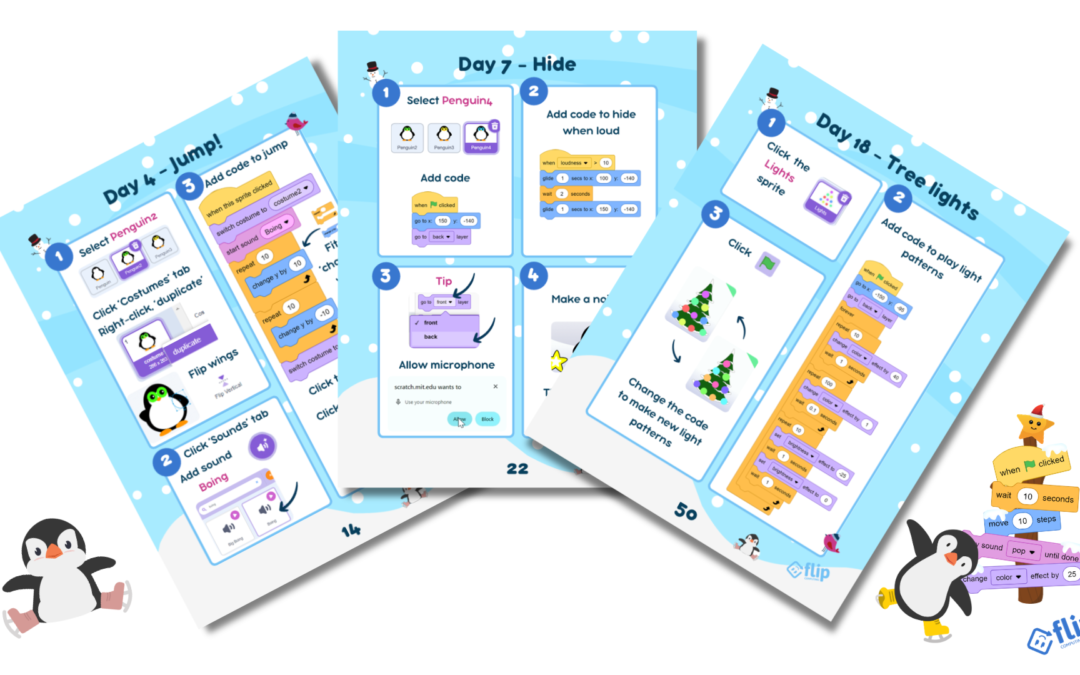 Three worksheets for the 24 Days of Scratch Coding book displayed in a fan shape.