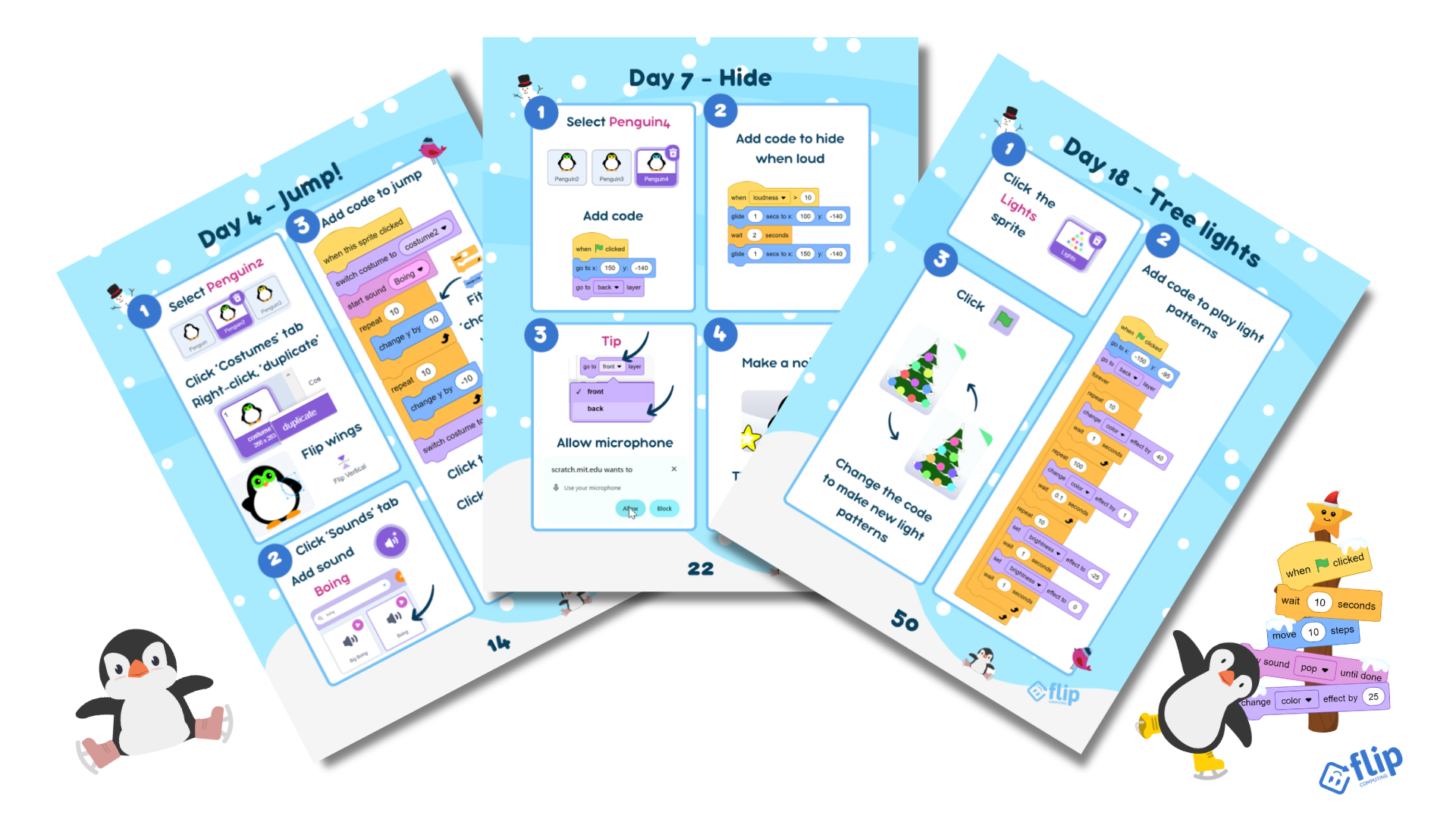 Three worksheets for the 24 Days of Scratch Coding book displayed in a fan shape.