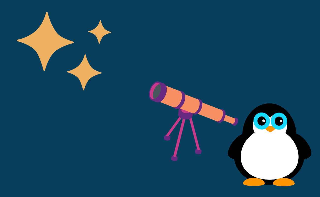 A penguin looking at stars through a telescope.