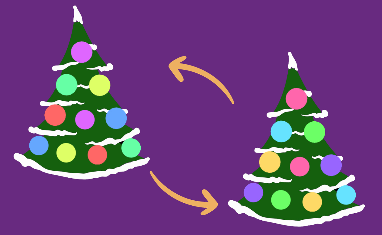 Graphic of two Christmas trees. Each has a set of lights on them but with different colour combinations on each