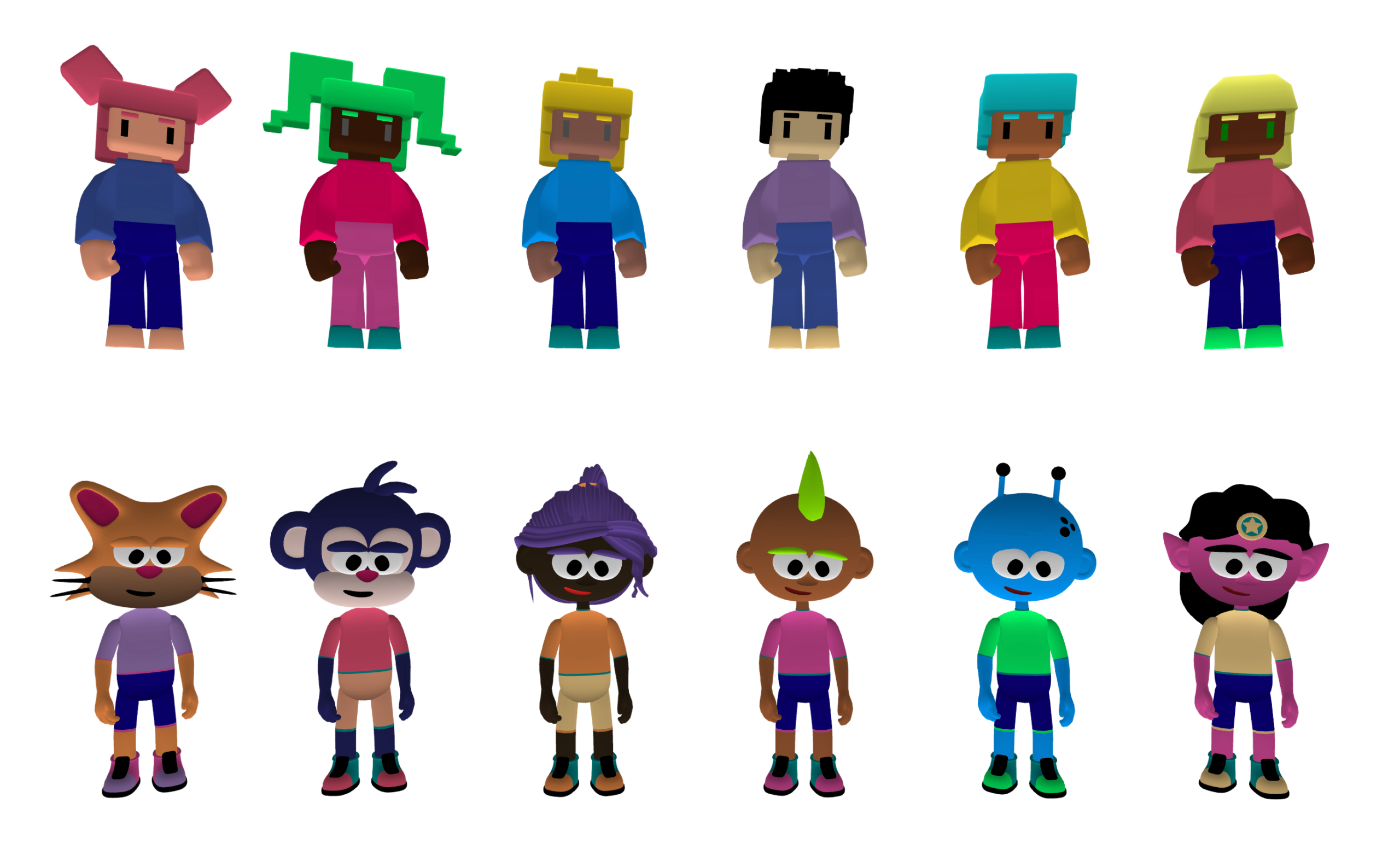 The Flock XR characters are shown in idle poses across 2 lines.