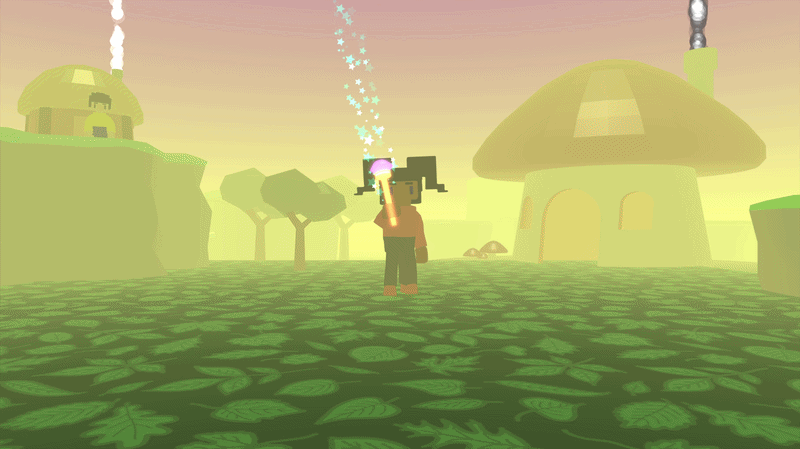 A Flock XR scene shows a character holding a glowing wand and standing in a foggy world. Particle effects are used for smoke from the chimneys.